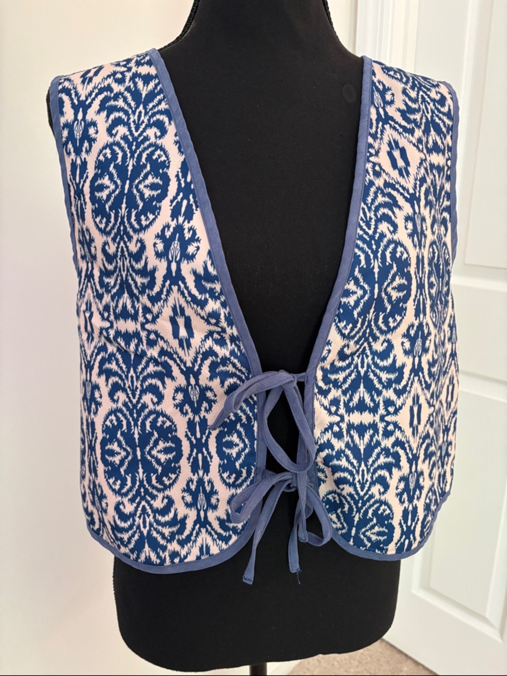 Blue and White Patterned Tie-Front Vest